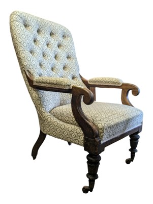Lot 764 - GEORGE III CARVED MAHOGANY & UPHOLSTERED BUTTON BACK ARMCHAIR