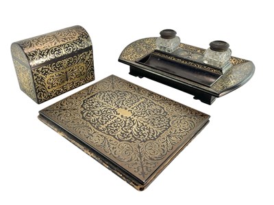 Lot 13 - 19TH CENTURY BRASS INLAID & COROMANDEL WOOD WRITING DESK SUITE