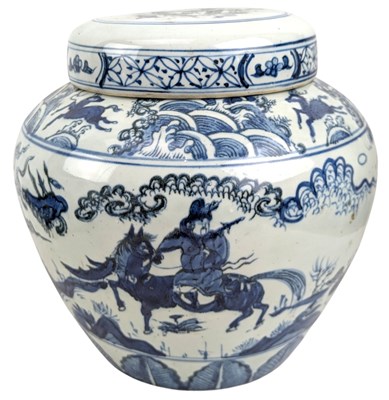 Lot 73 - CHINESE BLUE & WHITE 'FIGURINE PORCELAIN LIDDED JAR 青花人物盖罐