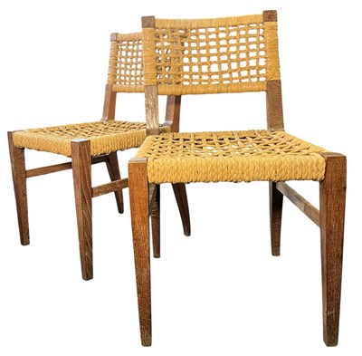 Lot 374 - AUDOUX MINET - PAIR OF RETRO LIMED OAK & SISAL WEAVE CHAIRS