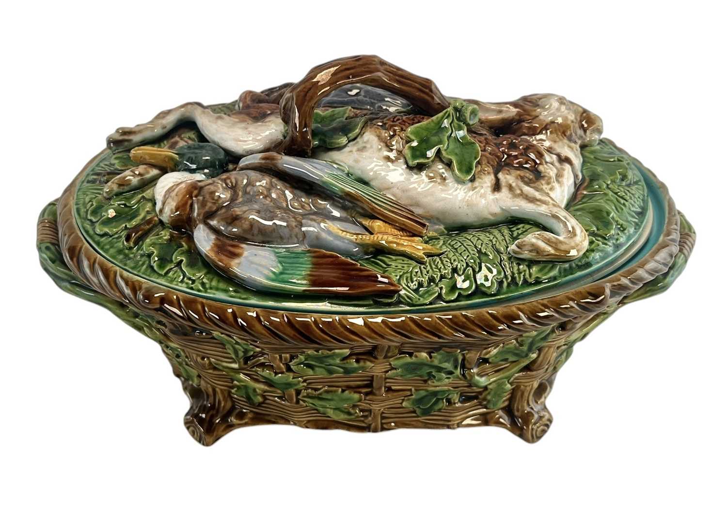 Lot 28 - MINTON 19TH CENTURY MAJOLICA GAME PIE DISH & COVER