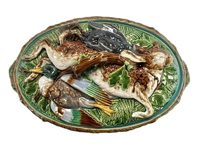 Lot 28 - MINTON 19TH CENTURY MAJOLICA GAME PIE DISH & COVER