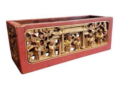 Lot 327 - CHINESE 20TH CENTURY VINTAGE WOODEN RED & GILT CARVED BOX