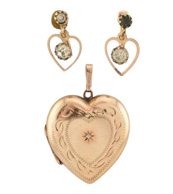 Lot 355 - GOLD HEART LOCKET & PENDANT EARRINGS