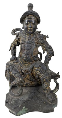 Lot 40 - QING CAST BRONZE FIGURE OF DEITY OF TAOISM 清 真武大帝铜(?)坐像