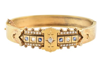 Lot 62 - VICTORIAN ETRUSCAN REVIVAL DIAMOND SAPPHIRE PEARL BANGLE