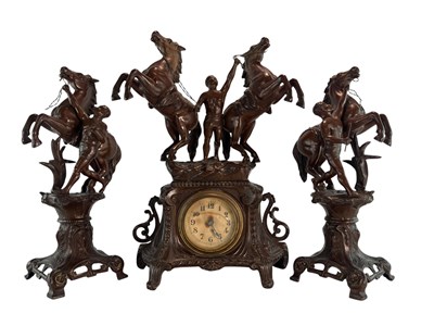 Lot 53 - 19TH CENTURY FRENCH BRONZED THREE PIECE CLOCK GARNITURE SET