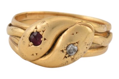 Lot 91 - 19TH CENTURY GOLD RUBY & DIAMOND SNAKE RING