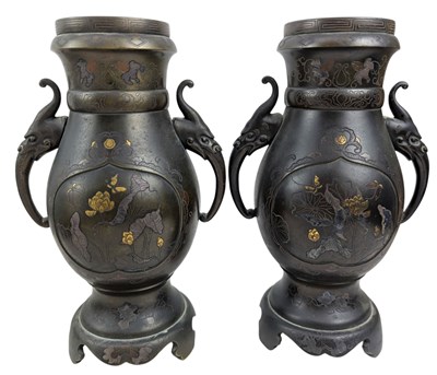 Lot 96 - PAIR OF JAPANESE MEIJI PERIOD BRONZE VASES 日本明治铜双耳瓶一对