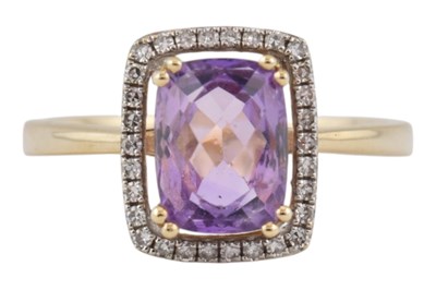 Lot 157 - HALLMARKED 9CT GOLD AMETHYST & DIAMOND HALO RING