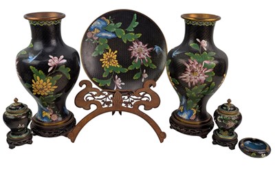Lot 125 - COLLECTION OF SIX 20TH CENTURY BRONZE BASED CLOISONNE CENTREPIECES 铜胎掐丝珐琅彩六件