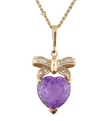 Lot 114 - AMETHYST & DIAMOND BOW PENDANT NECKLACE