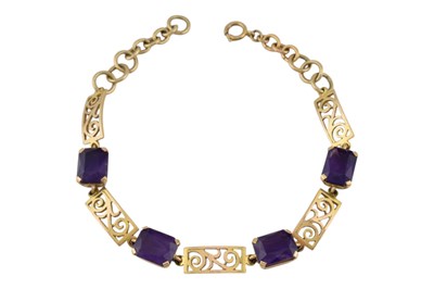 Lot 65 - 9CT GOLD & AMETHYST PANEL BRACELET