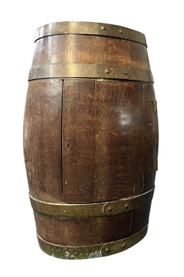 Lot 583 - 19TH CENTURY COOPERED OAK & BRASS BOUND WHISKY / WINE CONVERTED BARREL CABINET