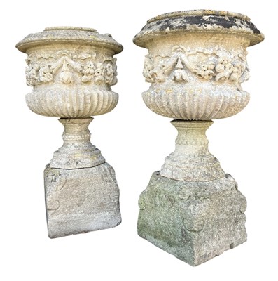 Lot 299 - PAIR OF 19TH CENTURY STONE CAMPANA URNS ON STAND WITH GRAPE & VINE MOTIF