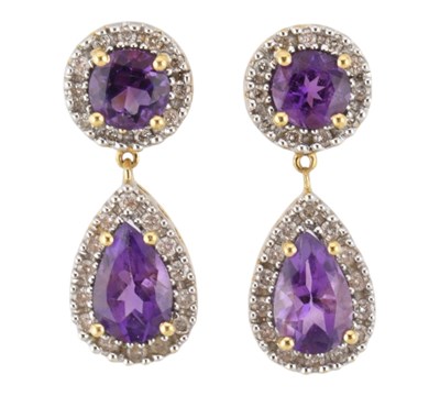 Lot 60 - PAIR 18CT GOLD AMETHYST & DIAMOND PENDANT EARRINGS