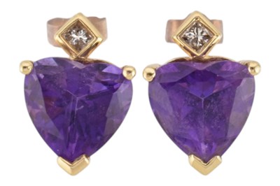 Lot 83 - PAIR 14CT GOLD AMETHYST & DIAMOND EARRINGS
