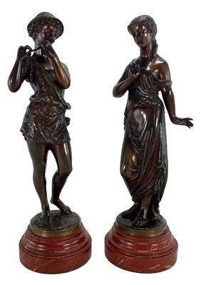 Lot 31 - PAIR OF VICTORIAN BRONZE SCULPTURES BOY WITH FLUTE & CLASSICAL LADY