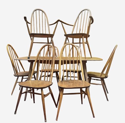 Lot 535 - ERCOL - WINDSOR - MODEL 382 & 365 - 1970S BEECH & ELM TABLE WITH CHAIRS