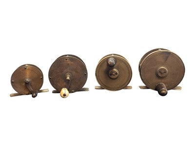 Lot 360 - COLLECTION OF FOUR EARLY 20TH CENTURY BRASS FISHING REELS