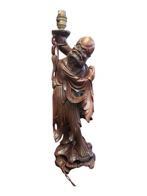Lot 365 - 20TH CENTURY VINTAGE CHINESE CARVED HARDWOOD FIGURAL LAMP