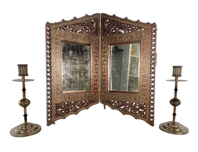 Lot 69 - COLLECTION OF INDIAN KASHMIR BRASS INLAID FOLDING MIRROR & CANDLESTICKS