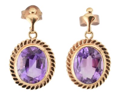 Lot 233 - HALLMARKED 9CT GOLD & AMETHYST DROP EARRINGS