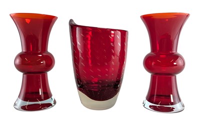 Lot 559 - WHITEFRIARS & RIIHIMAKI - THREE VINTAGE 20TH CENTURY RED RUBY GLASS VASES