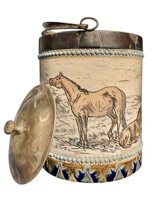 Lot 5 - HANNAH BARLOW FOR DOULTON LAMBETH - 19TH CENTURY SILVER BANDED BISCUIT BARREL