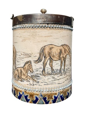 Lot 5 - HANNAH BARLOW FOR DOULTON LAMBETH - 19TH CENTURY SILVER BANDED BISCUIT BARREL