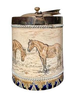 Lot 5 - HANNAH BARLOW FOR DOULTON LAMBETH - 19TH CENTURY SILVER BANDED BISCUIT BARREL