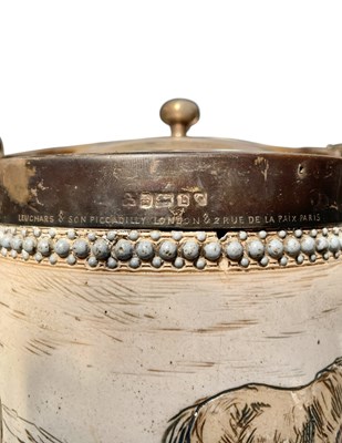 Lot 5 - HANNAH BARLOW FOR DOULTON LAMBETH - 19TH CENTURY SILVER BANDED BISCUIT BARREL
