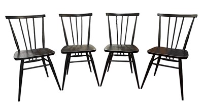 Lot 15 - ERCOL - MODEL 608 ALL-PURPOSE - FOUR MID CENTURY BEECH & ELM DINING CHAIRS