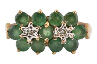 Lot 289 - HALLMARKED 9CT GOLD EMERALD & DIAMOND DOUBLE CLUSTER RING