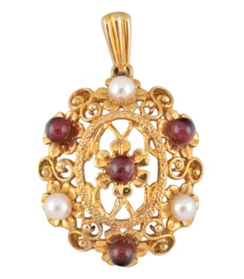 Lot 74 - HALLMARKED 9CT GOLD GARNET & PEARL NECKLACE PENDANT