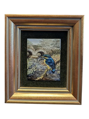 Lot 469 - RITA E WHITAKER ENAMEL ON COPPER KINGFISHER PANEL