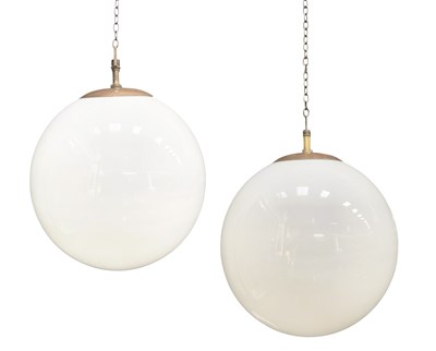 Lot 301 - PAIR OF ART DECO EARLY 20TH CENTURY OPALINE GLASS & COPPER GLOBE CEILING LIGHTS