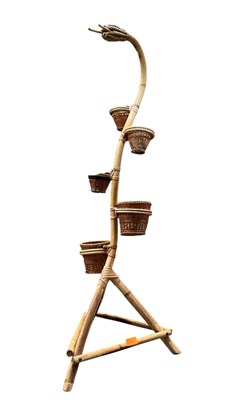 Lot 387A - MID CENTURY BAMBOO & WICKER 'SNAKE-HEAD' PLANT STAND