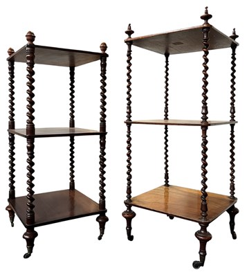 Lot 502 - NEAR PAIR OF VICTORIAN 19TH CENTURY ROSEWOOD & MAHOGANY THREE TIER WHATNOTS
