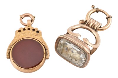 Lot 197 - HALLMARKED 9CT GOLD AGATE SET SWIVEL FOB & ANOTHER