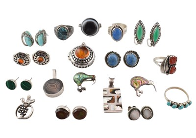 Lot 343 - COLLECTION OF SILVER & WHITE METAL RINGS EARRINGS & PENDANTS