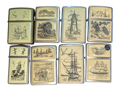 Lot 399 - COLLECTION OF EIGHT LATE 20TH CENTURY VINTAGE ZIPPO SCRIMSHAW STYLE LIGHTERS