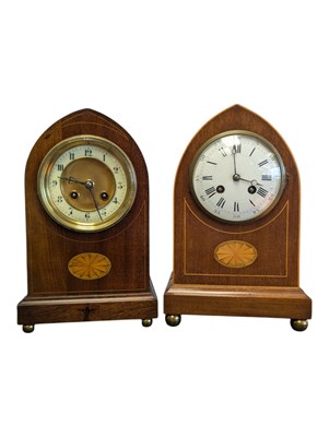 Lot 493 - TWO EDWARDIAN INLAID MAHOGANY LANCET MANTEL CLOCKS