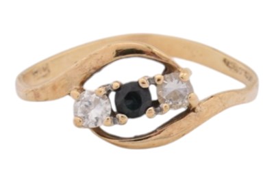 Lot 308 - 9CT GOLD SAPPHIRE & CZ THREE STONE RING