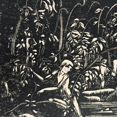 Lot 2 - LILIAN WHITEHEAD (1894-1959) - BATHERS IN FOREST - WOOD ENGRAVING ON PAPER