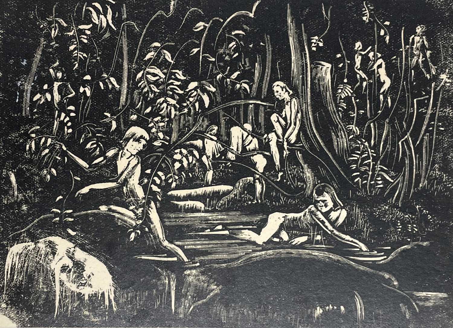 Lot 2 - LILIAN WHITEHEAD (1894-1959) - BATHERS IN FOREST - WOOD ENGRAVING ON PAPER