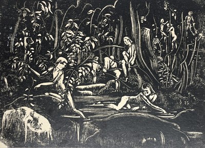 Lot 2 - LILIAN WHITEHEAD (1894-1959) - BATHERS IN FOREST - WOOD ENGRAVING ON PAPER