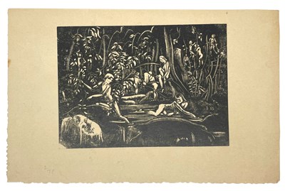 Lot 2 - LILIAN WHITEHEAD (1894-1959) - BATHERS IN FOREST - WOOD ENGRAVING ON PAPER