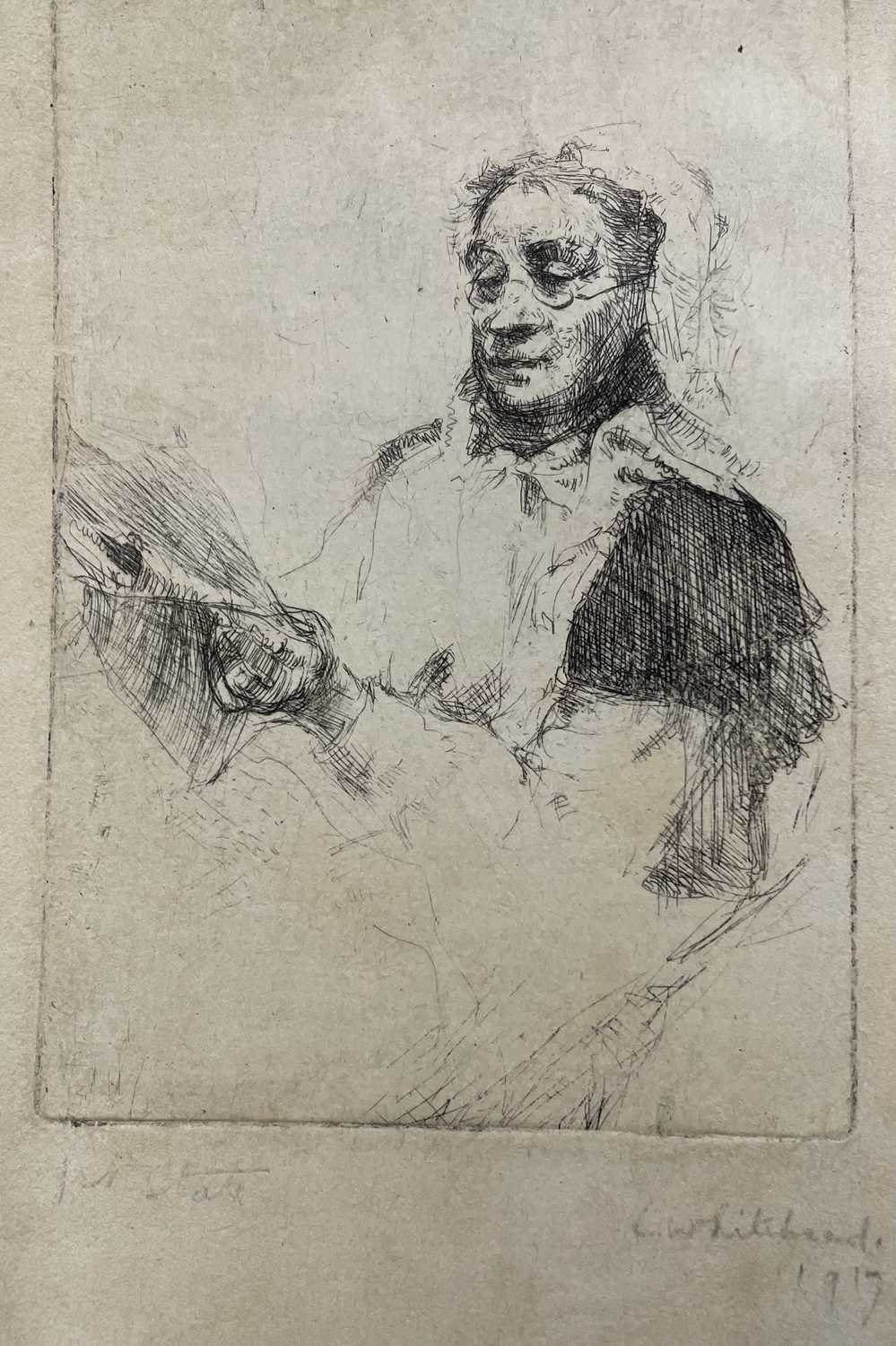 Lot 10 - LILIAN WHITEHEAD (1894-1959) - ELDER LADY READING, 1919 - ETCHING ON LIGHTWEIGHT PAPER