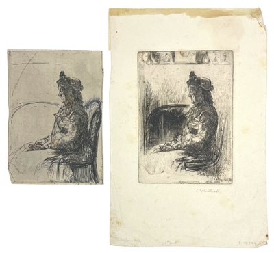 Lot 21 - LILIAN WHITEHEAD (1894-1919) - ELDER SEATED LADY, C. 1919 - TWO ETCHINGS ON PAPER